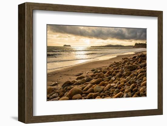 USA, California. Central Coast, Montecito, Butterfly Beach, drain and cobble eroded by King Tides-Alison Jones-Framed Photographic Print