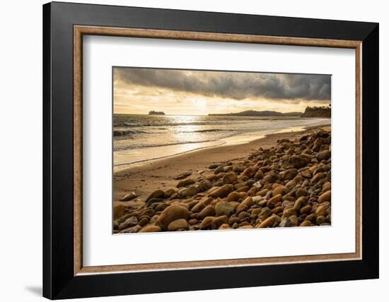 USA, California. Central Coast, Montecito, Butterfly Beach, drain and cobble eroded by King Tides-Alison Jones-Framed Photographic Print