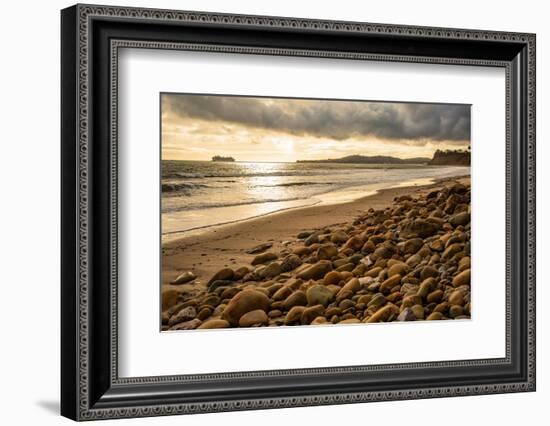 USA, California. Central Coast, Montecito, Butterfly Beach, drain and cobble eroded by King Tides-Alison Jones-Framed Photographic Print