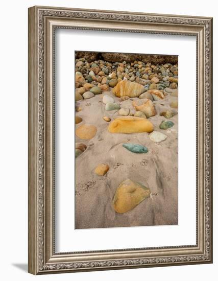 USA, California. Central Coast, Montecito, Butterfly Beach, drain and cobble eroded by King Tides-Alison Jones-Framed Photographic Print