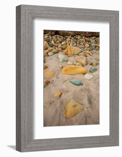 USA, California. Central Coast, Montecito, Butterfly Beach, drain and cobble eroded by King Tides-Alison Jones-Framed Photographic Print