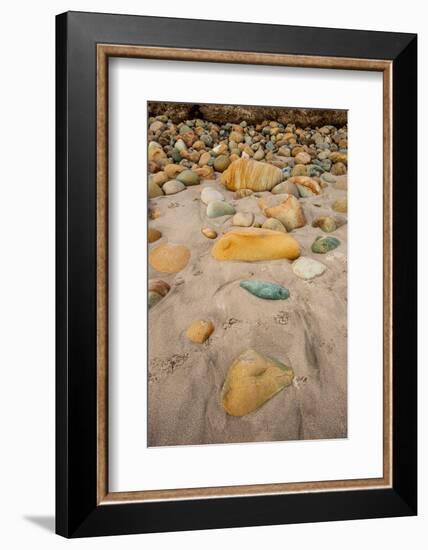 USA, California. Central Coast, Montecito, Butterfly Beach, drain and cobble eroded by King Tides-Alison Jones-Framed Photographic Print