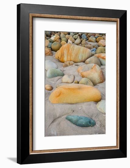 USA, California. Central Coast, Montecito, Butterfly Beach, drain and cobble eroded by King Tides-Alison Jones-Framed Photographic Print