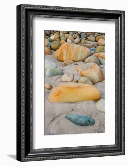 USA, California. Central Coast, Montecito, Butterfly Beach, drain and cobble eroded by King Tides-Alison Jones-Framed Photographic Print