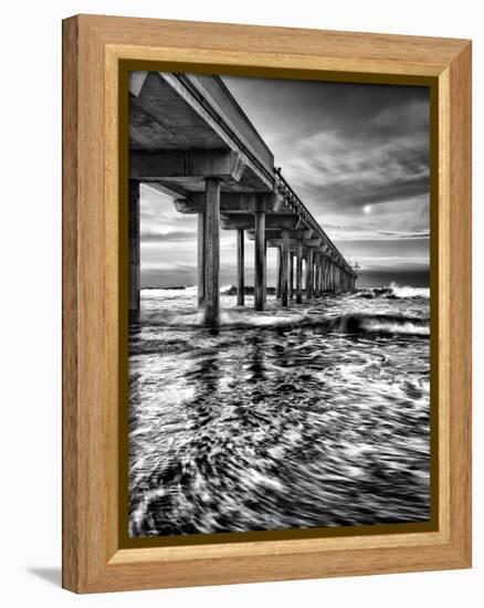 USA, California, La Jolla, Full Moon Setting at Dawn over Scripps Pier, La Jolla Shores-Ann Collins-Framed Premier Image Canvas