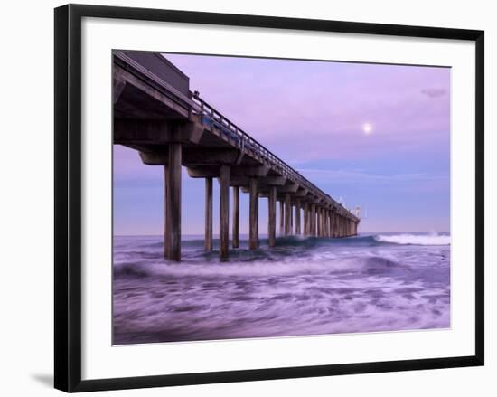 USA, California, La Jolla, Full Moon Setting at Dawn over Scripps Pier, La Jolla Shores-Ann Collins-Framed Photographic Print