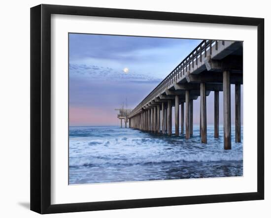 USA, California, La Jolla. Full Moon Setting at Dawn over Scripps Pier, La Jolla Shores-Ann Collins-Framed Photographic Print