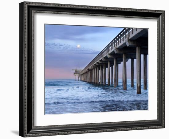 USA, California, La Jolla. Full Moon Setting at Dawn over Scripps Pier, La Jolla Shores-Ann Collins-Framed Photographic Print