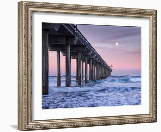 USA, California, La Jolla, Full Moon Setting at Dawn over Scripps Pier, La Jolla Shores-Ann Collins-Framed Photographic Print