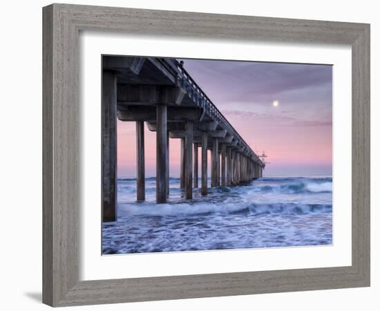 USA, California, La Jolla, Full Moon Setting at Dawn over Scripps Pier, La Jolla Shores-Ann Collins-Framed Photographic Print