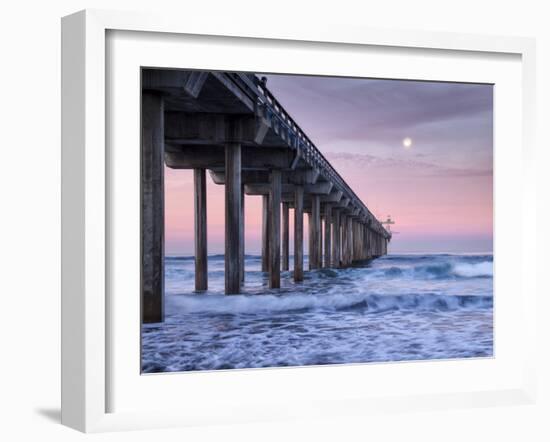 USA, California, La Jolla, Full Moon Setting at Dawn over Scripps Pier, La Jolla Shores-Ann Collins-Framed Photographic Print