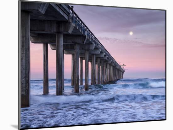 USA, California, La Jolla, Full Moon Setting at Dawn over Scripps Pier, La Jolla Shores-Ann Collins-Mounted Photographic Print