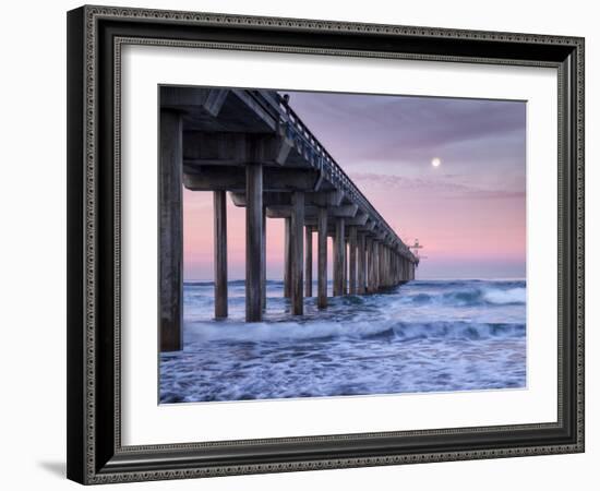 USA, California, La Jolla, Full Moon Setting at Dawn over Scripps Pier, La Jolla Shores-Ann Collins-Framed Photographic Print