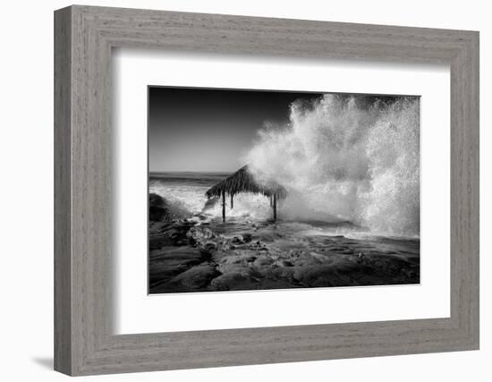 USA, California, La Jolla. High surf at high tide inundates Windansea Surf Shack-Ann Collins-Framed Photographic Print