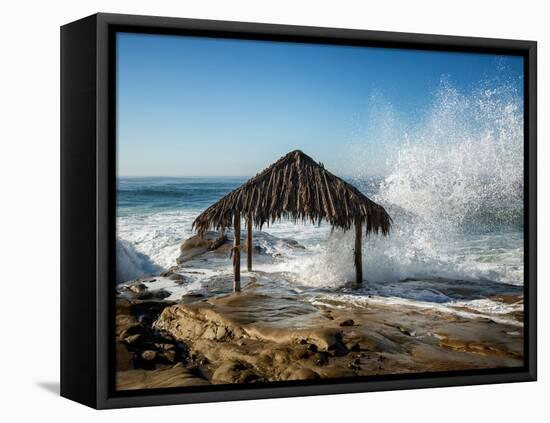 USA, California, La Jolla. High surf at high tide inundates Windansea Surf Shack-Ann Collins-Framed Premier Image Canvas