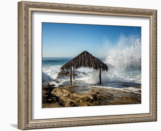 USA, California, La Jolla. High surf at high tide inundates Windansea Surf Shack-Ann Collins-Framed Photographic Print