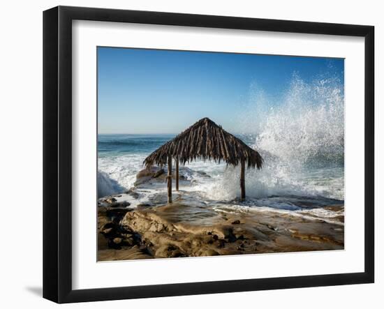 USA, California, La Jolla. High surf at high tide inundates Windansea Surf Shack-Ann Collins-Framed Photographic Print