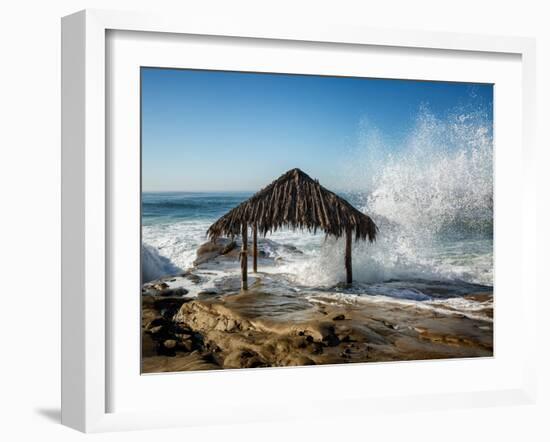 USA, California, La Jolla. High surf at high tide inundates Windansea Surf Shack-Ann Collins-Framed Photographic Print