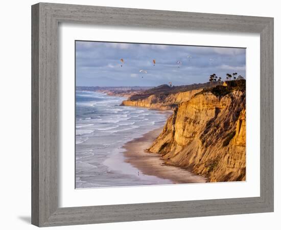 USA, California, La Jolla. Paragliders Float over Black's Beach in Late Afternoon-Ann Collins-Framed Photographic Print