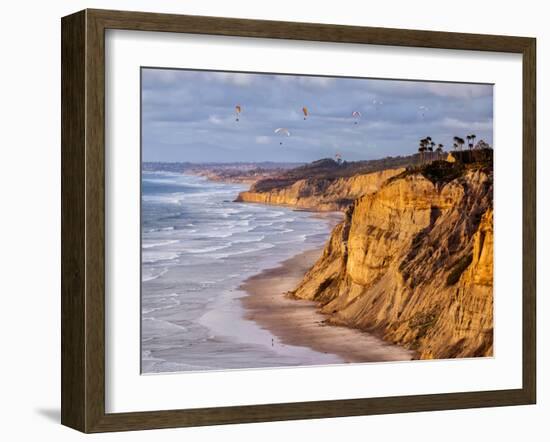 USA, California, La Jolla. Paragliders Float over Black's Beach in Late Afternoon-Ann Collins-Framed Photographic Print