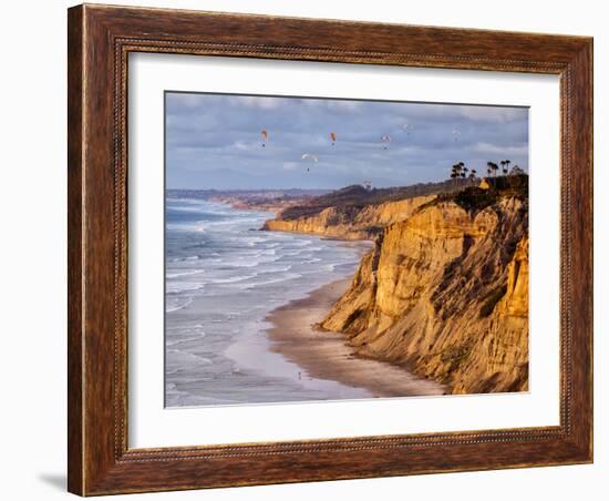 USA, California, La Jolla. Paragliders Float over Black's Beach in Late Afternoon-Ann Collins-Framed Photographic Print