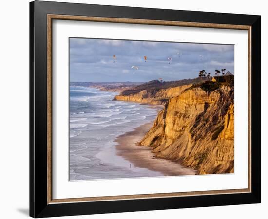 USA, California, La Jolla. Paragliders Float over Black's Beach in Late Afternoon-Ann Collins-Framed Photographic Print