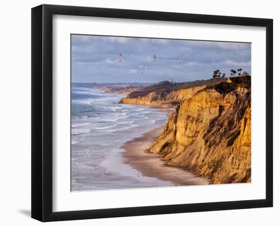 USA, California, La Jolla. Paragliders Float over Black's Beach in Late Afternoon-Ann Collins-Framed Photographic Print