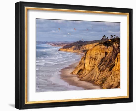 USA, California, La Jolla. Paragliders Float over Black's Beach in Late Afternoon-Ann Collins-Framed Photographic Print