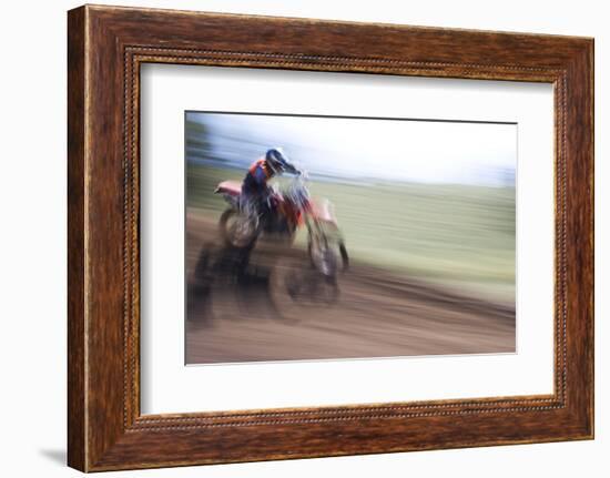 USA, California, Mammoth Lakes. Blur of motocross racer.-Jaynes Gallery-Framed Photographic Print