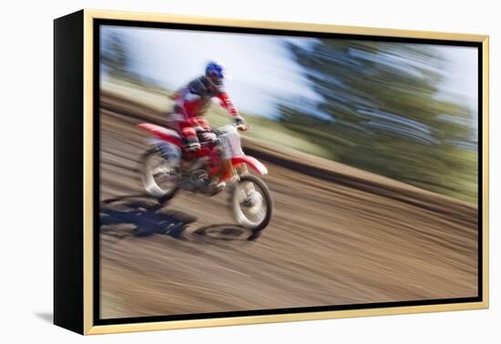 USA, California, Mammoth Lakes. Blur of motocross racer.-Jaynes Gallery-Framed Premier Image Canvas