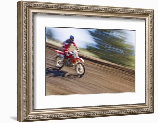 USA, California, Mammoth Lakes. Blur of motocross racer.-Jaynes Gallery-Framed Photographic Print