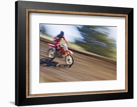 USA, California, Mammoth Lakes. Blur of motocross racer.-Jaynes Gallery-Framed Photographic Print