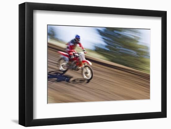 USA, California, Mammoth Lakes. Blur of motocross racer.-Jaynes Gallery-Framed Photographic Print