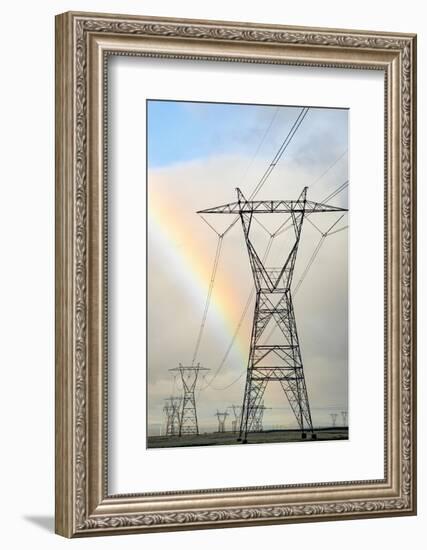 USA, California. Mojave Desert, Antelope Valley, rainbow and Transmission Line from solar farm-Alison Jones-Framed Photographic Print