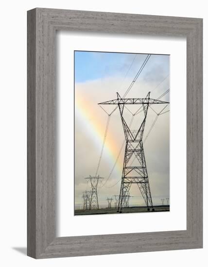 USA, California. Mojave Desert, Antelope Valley, rainbow and Transmission Line from solar farm-Alison Jones-Framed Photographic Print