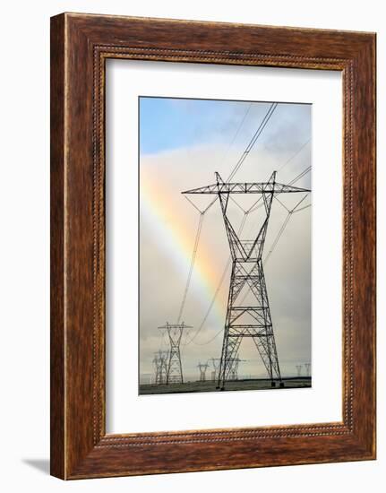 USA, California. Mojave Desert, Antelope Valley, rainbow and Transmission Line from solar farm-Alison Jones-Framed Photographic Print