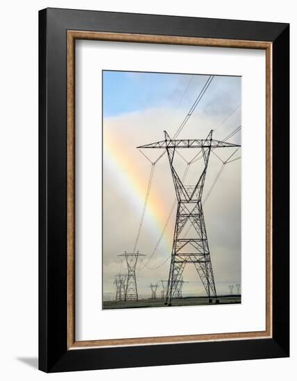 USA, California. Mojave Desert, Antelope Valley, rainbow and Transmission Line from solar farm-Alison Jones-Framed Photographic Print