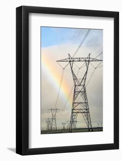 USA, California. Mojave Desert, Antelope Valley, rainbow and Transmission Line from solar farm-Alison Jones-Framed Photographic Print