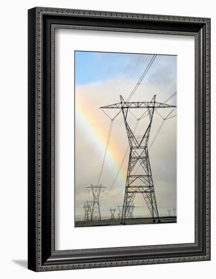 USA, California. Mojave Desert, Antelope Valley, rainbow and Transmission Line from solar farm-Alison Jones-Framed Photographic Print