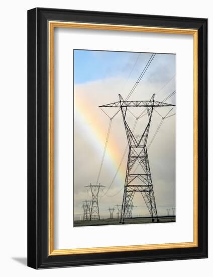 USA, California. Mojave Desert, Antelope Valley, rainbow and Transmission Line from solar farm-Alison Jones-Framed Photographic Print