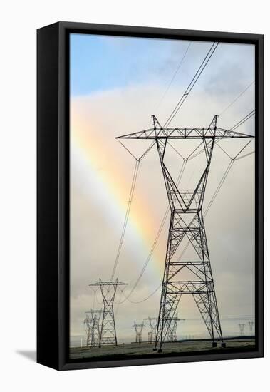 USA, California. Mojave Desert, Antelope Valley, rainbow and Transmission Line from solar farm-Alison Jones-Framed Premier Image Canvas