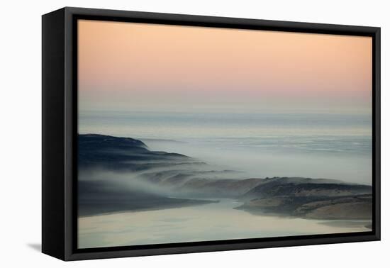 USA, California, Moro Bay. Morning fog on sand dunes and ocean.-Jaynes Gallery-Framed Premier Image Canvas