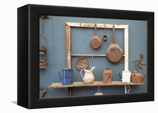 USA, California. Old pots, pans and water pitchers. (PR)-Alison Jones-Framed Premier Image Canvas