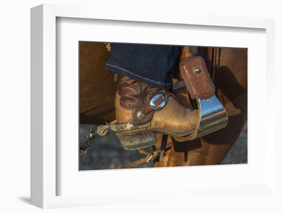 USA, California, Parkfield, V6 Ranch cowgirl boot in stirrup-Ellen Clark-Framed Photographic Print