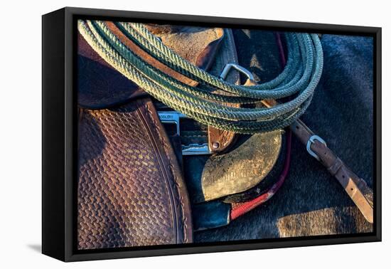 USA, California, Parkfield, V6 Ranch detail of a saddle and lasso-Ellen Clark-Framed Premier Image Canvas