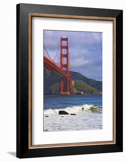 USA, California, San Francisco. Surfers below the Golden Gate Bridge.-Jaynes Gallery-Framed Photographic Print