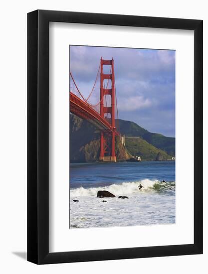 USA, California, San Francisco. Surfers below the Golden Gate Bridge.-Jaynes Gallery-Framed Photographic Print