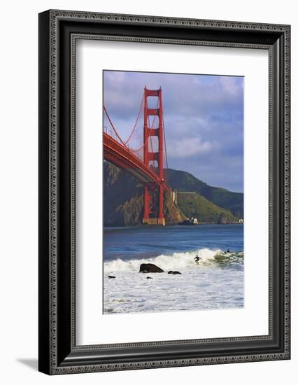 USA, California, San Francisco. Surfers below the Golden Gate Bridge.-Jaynes Gallery-Framed Photographic Print