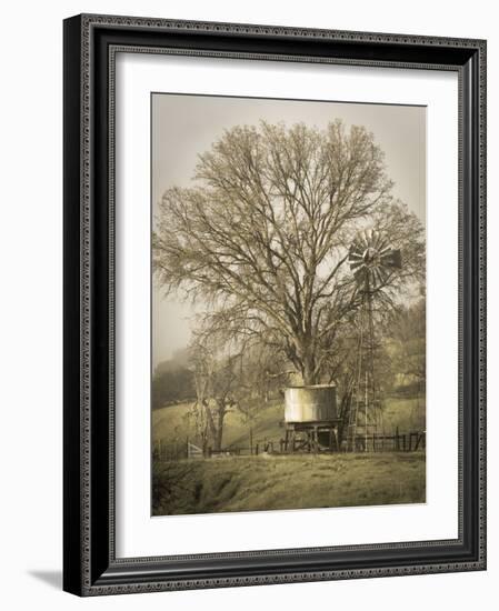 USA, California, Shell Creek Road. Windmill, water tank and oak tree.-Jaynes Gallery-Framed Photographic Print