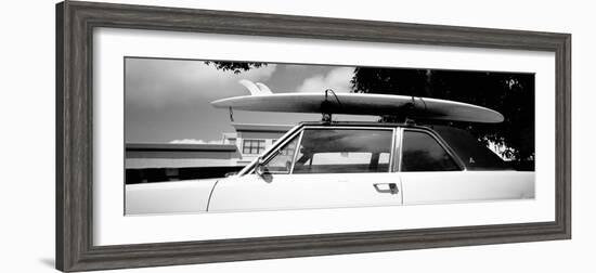 Usa, California, Surf Board on Roof of Car--Framed Photographic Print